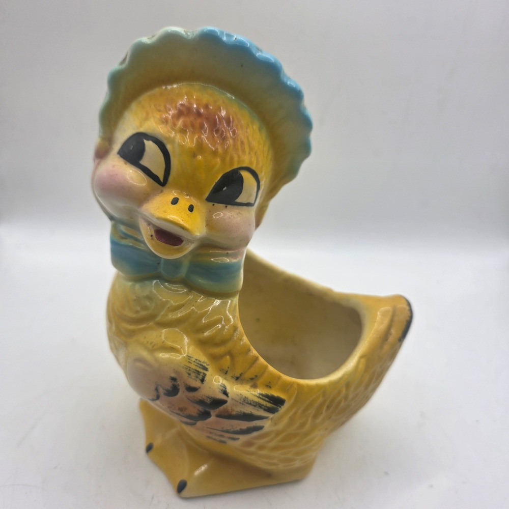 Vintage Ceramic Duck Planter Yellow Duckling with Blue Bonnet Kitsch Decor